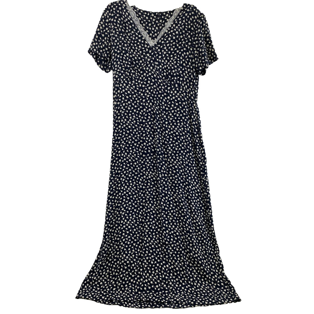 Stonebridge Maxi Dress Womens Size 8 Black White Floral Cottagecore V‎ Neck Lace